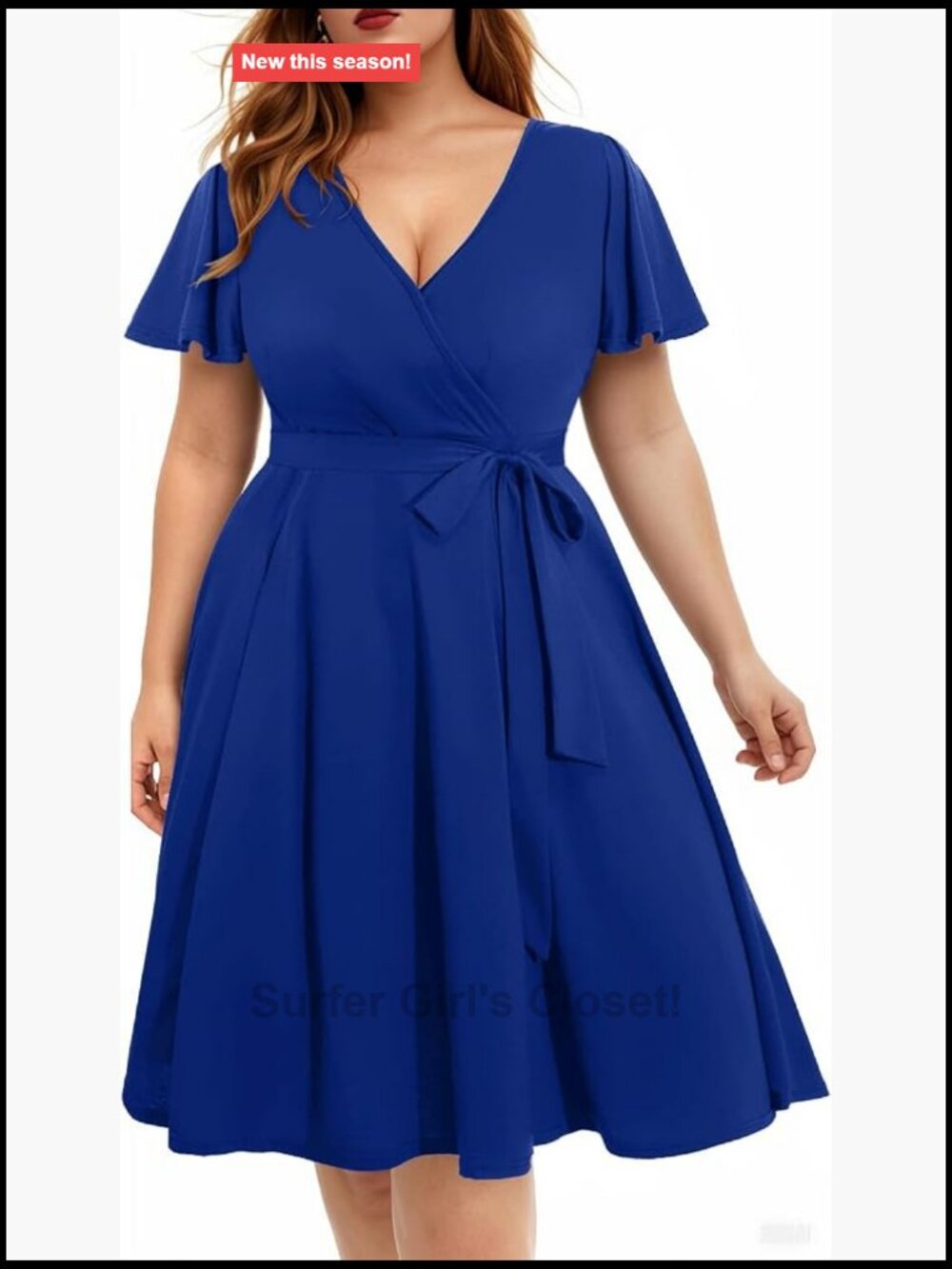 Plus Size Faux Wrap V-Neck Flutter Sleeve A-Line Knee Length Dress